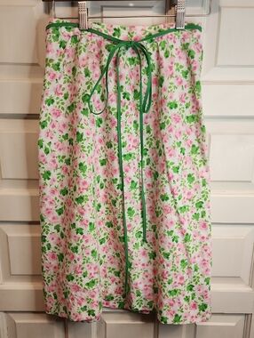 POPPY Floral Pink & Green Knee Length Wraparound Skirt Green Tie Waist Vintage